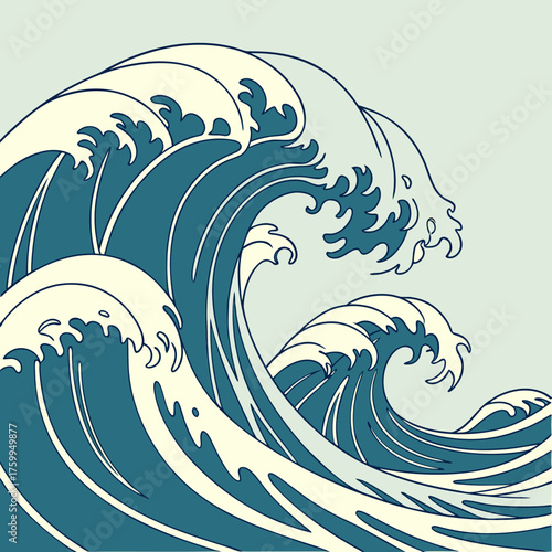 Illustration of ocean waves in blue and cream