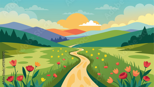 An idyllic path through a field of wildflowers with the distant sound of a bubbling stream.