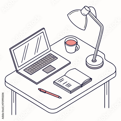 Vector art of desk with laptop and lamp