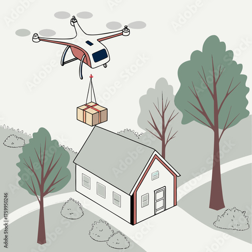 Vector art of drone delivering package to house in countryside