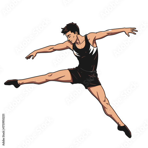 Dynamic Illustration of a Young Male Gymnast or Dancer Performing a Split Leap Jump in the Air