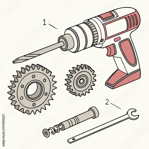 Vector art of electric drill parts