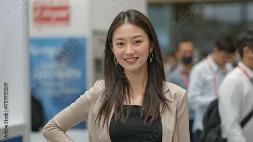 Confident Young Asian Financial Advisor Smiling in a Professional Office Environment, Exuding Approachability and Business Acumen
