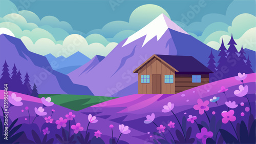 A lone cabin sits nestled in the heart of an alpine meadow surrounded by a sea of delicate purple and white flowers.
