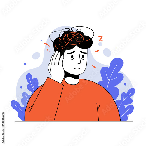 Flat vector illustration of a stressed and confused man holding his head with a tangled, chaotic scribble over his hair, representing mental exhaustion, anxiety, or burnout