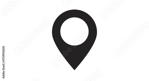 Simple black solid icon of a location map pin marker, pointing to a specific geographical point, isolated on a clean white background