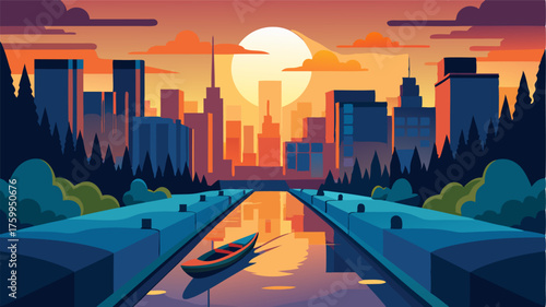 A picturesque urban canal with kayaks peacefully floating by as the sun sets behind the city skyline.