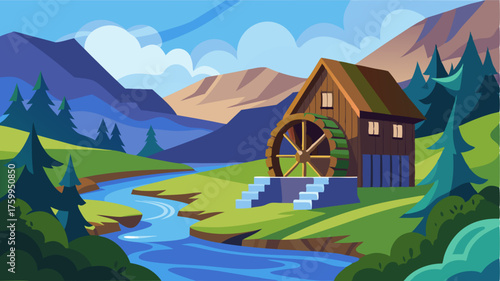A quaint watermill in a verdant valley its water wheel churning against the flowing river surrounded by lush greenery.
