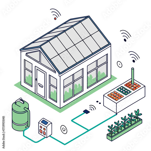 Vector art of smart greenhouse with automation isolated