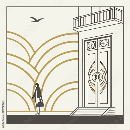 Vector art of woman walking near building