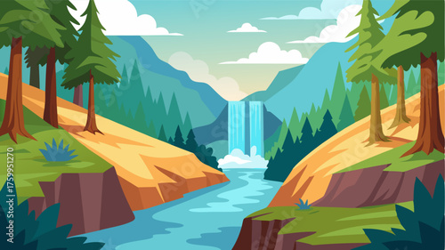A gentle stream leading to a magnificent waterfall surrounded by tall trees and vibrant foliage.