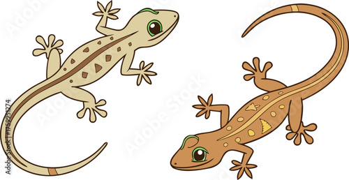 Two stylized black gecko silhouettes are depicted against a plain white background. The gecko on the left is positioned slightly diagonally, with its head and front legs turned to the viewer's left, a