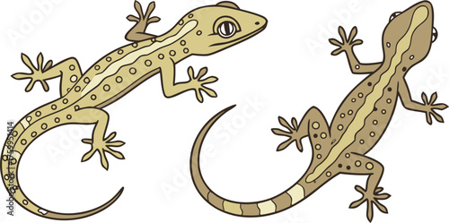 Two stylized black gecko silhouettes are depicted against a plain white background. The gecko on the left is positioned slightly diagonally, with its head and front legs turned to the viewer's left, a