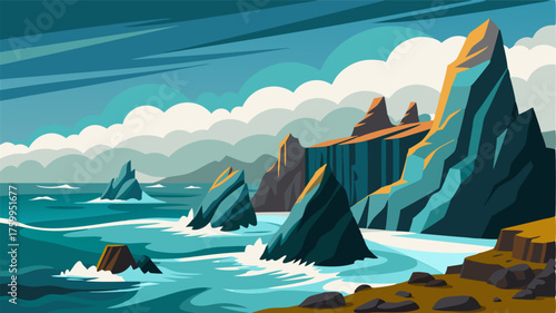 A coastal scene features rocky outcrops jutting out into the crashing waves creating a dramatic and wild shoreline.