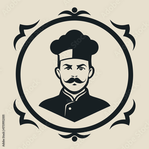 Culinary Maestro Emblem: Chef Portrait with Detailed Frame, Restaurant Logo Icon