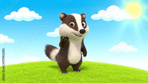 Cartoon Badger Waving on Green Hill with Blue Sky and Sun
