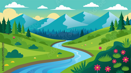 A meandering river ting through a valley filled with rich green grasses swaying trees and vibrant wildflowers.