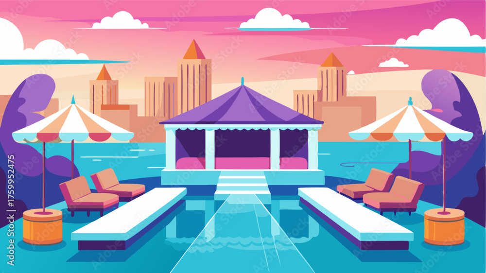 Fototapeta premium A luxurious rooftop pool surrounded by plush cabanas and a rooftop bar creating a gl and exclusive atmosphere.