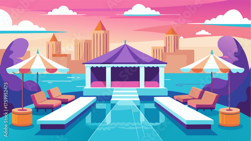 A luxurious rooftop pool surrounded by plush cabanas and a rooftop bar creating a gl and exclusive atmosphere.