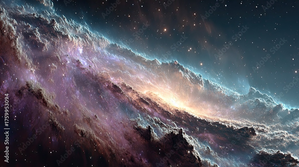 Naklejka premium Cosmic nebula with vibrant colors, stars, and dust clouds in space. Use for science, astronomy, or imaginative background projects.
