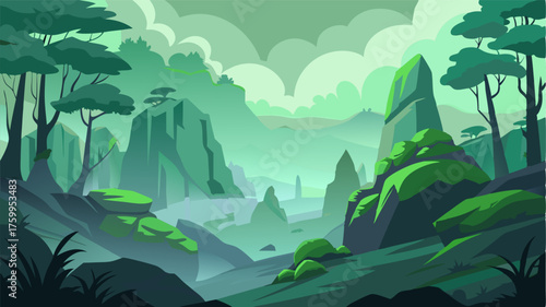 A misty forest is interrupted by a of rocky outcrops covered in emerald moss and surrounded by vibrant trees.