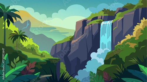 A rocky cliff face covered in a lush tapestry of vibrant foliage serves as the backdrop for a dramatic tropical waterfall.
