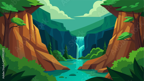 A hidden oasis nestled between steep canyon walls lined with a lush forest of emerald green trees and teeming with wildlife.