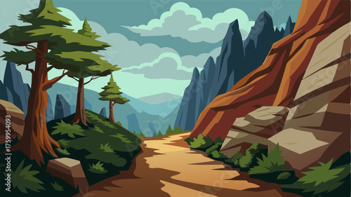 A rugged and uneven trail weaving between towering boulders and gnarled trees in the depths of a remote canyon.