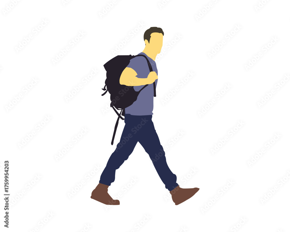 Obraz premium Flat design illustration of a man walking with a backpack, minimalist traveler silhouette for adventure, hiking, and outdoor design