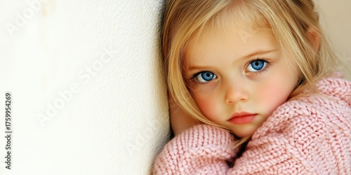A young girl is wearing a pink sweater and is looking at the camera. She is sad or upset