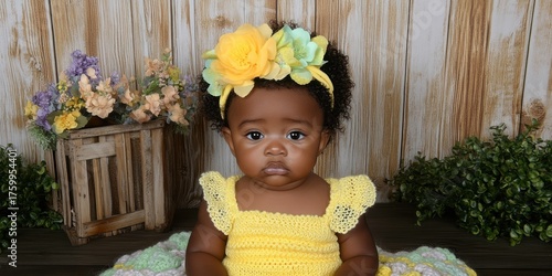 A baby girl is sitting on a blanket with a yellow dress and a flower headband. The baby is looking at the camera with a sad expression