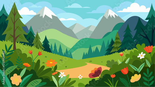 A hidden gem in the mountains a peaceful glade filled with wildflowers and the sound of rustling leaves in the breeze.