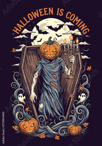 Spooky Pumpkin Head Coffin Illustration