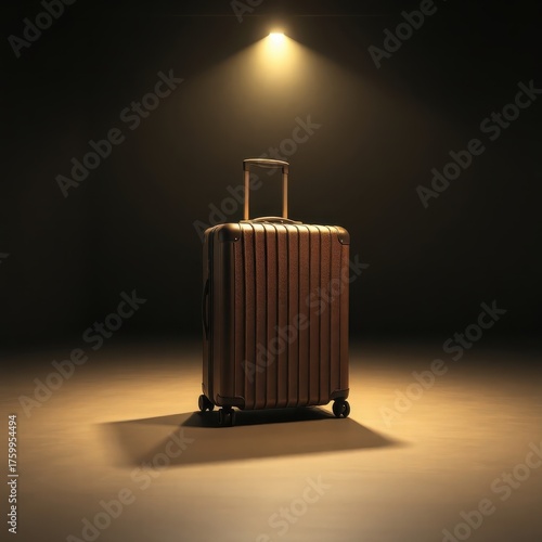 suitcase in a spotlight in a large dark room