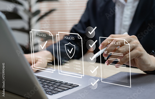 Policy documentation and compliance concept with businessman reviewing digital documents, checking policies, certifications, financial details, quality inspection, and terms.
