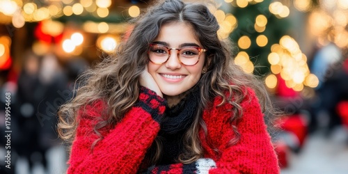 A woman wearing a red sweater and glasses is smiling. She is sitting on a bench in a city street