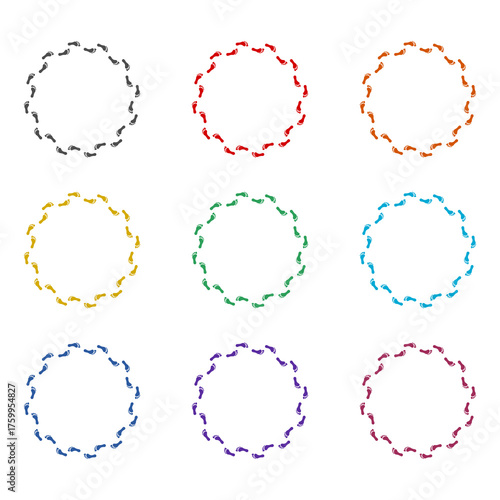 Circle frame with prints barefooted human foot icon isolated on white background. Set icons colorful
