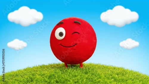 Cheerful Red Character on Green Hill with Blue Sky and Clouds
