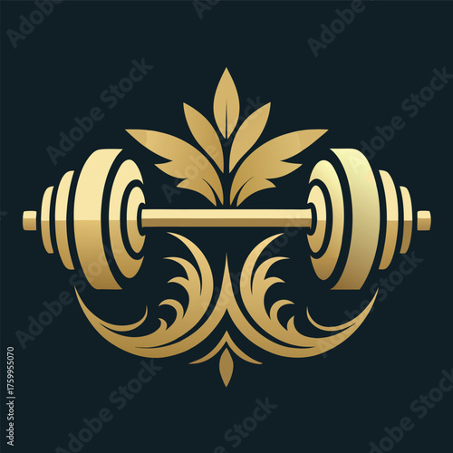 Luxurious Gold Barbell Weightlifting Emblem Fitness Gym Logo Design: Strength Training for an Athletic Lifestyle and Physical Wellness