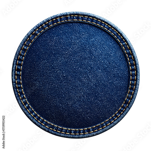 Dark blue denim circle with a stitched border against a stark black background