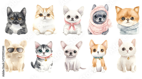 Adorable watercolor pets in cozy outfits