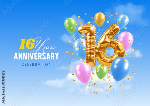 16 Anniversary. Sixteen years birthday celebration. Number 16 in the form of 3D realistic golden balloons. Blue sky background. Greeting template for jubilee, gala event. Vector illustration