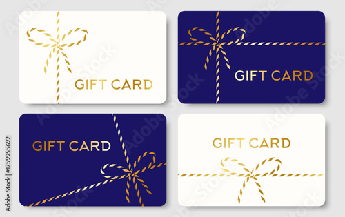 Set of Christmas gift card template, voucher, coupon. Hand drawn gift box tied gold cotton rope bakers twine ribbon and bow. Empty New Year blue, white background. Vector EPS10
