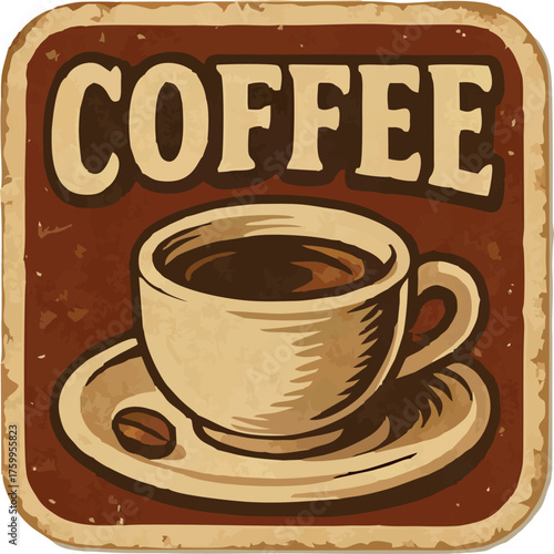 "Vintage coffee label featuring a steaming cup on a saucer with a coffee bean, bold 'COFFEE' text on a rustic background."