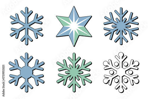 Snowflake Emblem Set Featuring Icy Crystal Motifs, Modern Badges, and Blue Gradient Vector Icons for Winter Holiday Graphics and Print-Ready Decoration Resources