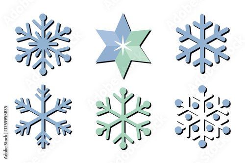 Snowflake Emblem Set Featuring Icy Crystal Motifs, Modern Badges, and Blue Gradient Vector Icons for Winter Holiday Graphics and Print-Ready Decoration Resources