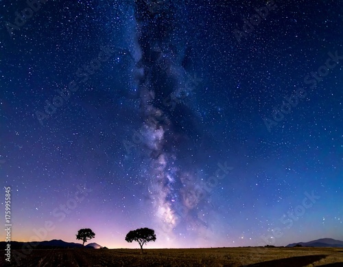 Night sky showcasing the Milky Way above silhouettes of trees and land