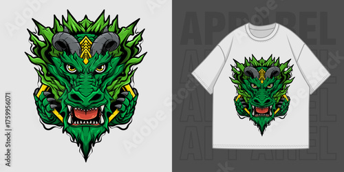 HAND DRAWING GREEN DRAGON ILLUSTRATION T-SHIRT APPAREL PRINTING DESIGN