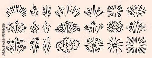 Festive firework explosion set isolated on white background. Vector illustration of hand drawn confetti burst effect, party firecracker sparks, abstract spiral doodles, lines with.