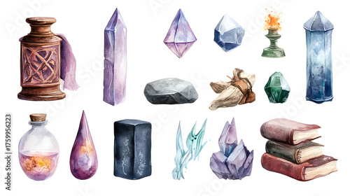 Mystical items and crystals in fantasy style